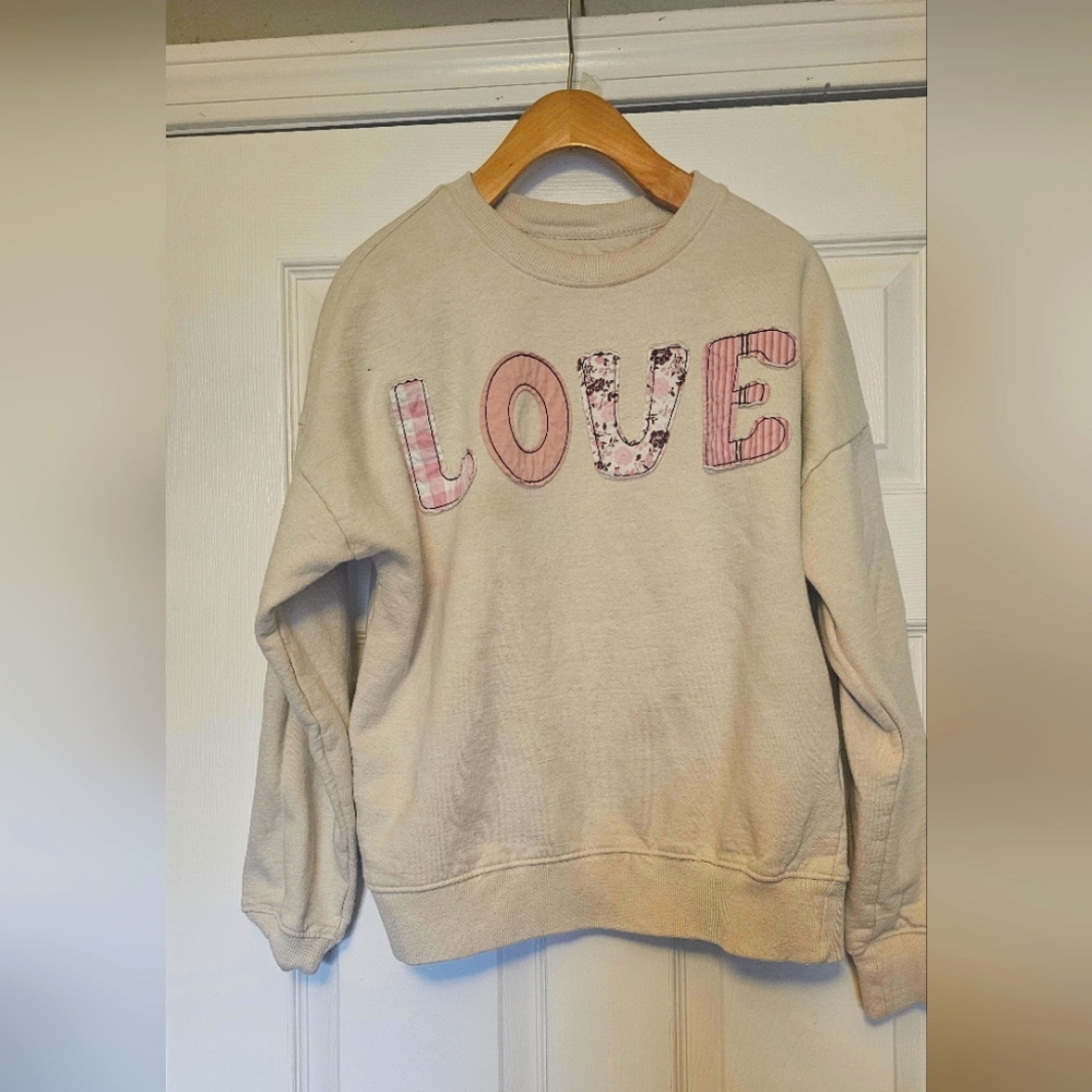 Cream Sweatshirt with Pink 'LOVE' Design, Recycled Threads, Size S